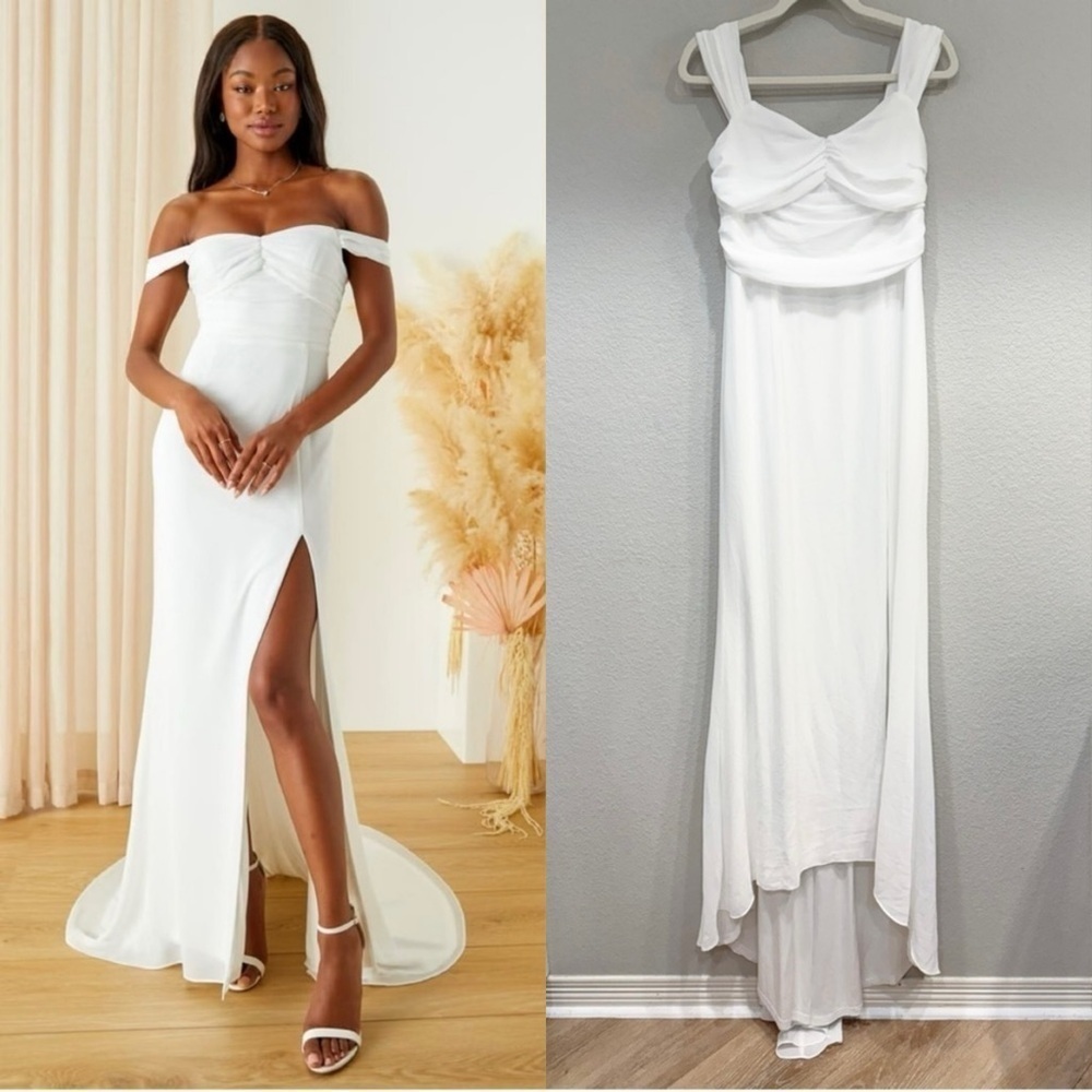 NWOT Lulus Excellent Elegance White Pleated Off-the-Shoulder Maxi Dress‎